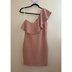 Guess Los Angeles Womens One Shoulder Ruffled Trim Bodycon Knee Length Dress M